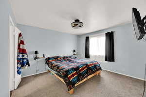 Carpeted bedroom with baseboards