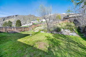 View of yard featuring a mountain view and a fenced backyard