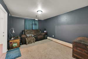 Living area with a textured ceiling, carpet flooring, and a textured wall