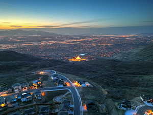 Aerial view at dusk with a mountain view