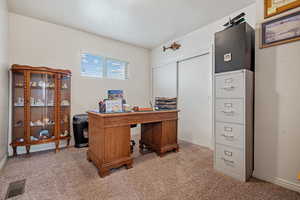 Office featuring visible vents, baseboards, and carpet floors