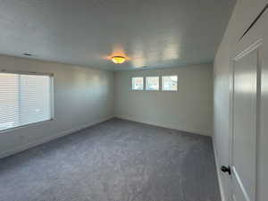 Empty room featuring carpet flooring, visible vents, baseboards, and a textured ceiling