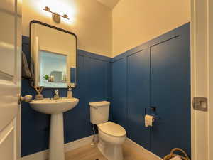 Half bath featuring a decorative wall, a wainscoted wall, toilet, wood finished floors, and a sink