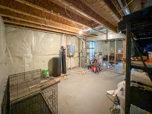 Unfinished basement with electric panel