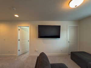 Carpeted living area with a textured ceiling, baseboards, and recessed lighting