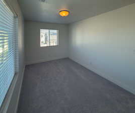 Empty room with dark colored carpet, baseboards, and a textured ceiling