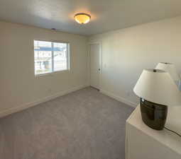 Spare room featuring visible vents, baseboards, carpet flooring, and a textured ceiling