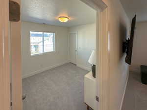 Unfurnished bedroom featuring carpet floors, baseboards, visible vents, and a textured ceiling