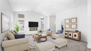 Living room featuring high vaulted ceiling and cozy fireplace
