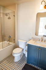 Full bathroom with  shower combination, vanity, visible vents, and toilet