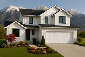 Modern inspired farmhouse featuring concrete driveway, a mountain view, and board and batten siding