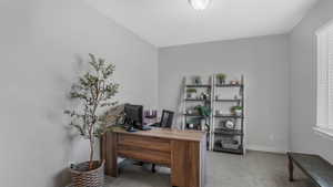 Office with baseboards and carpet floors