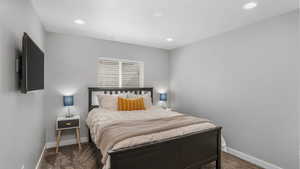 Bedroom with recessed lighting, carpet, visible vents, and baseboards