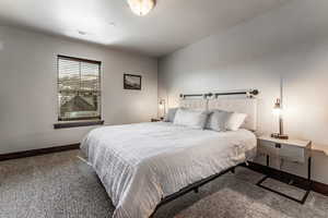 Bedroom featuring visible vents, baseboards, and carpet flooring