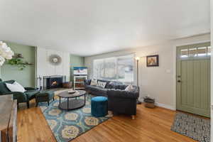 Spacious living room with cozy fireplace