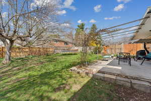 View of yard with a trampoline, a patio area, and a fenced backyard