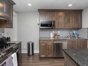 Basement Kitchen featuring decorative backsplash, a sink, LVP floors, and stainless steel appliances