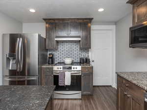 Basement Kitchen with LVP flooring, appliances with stainless steel finishes, dark brown cabinetry, under cabinet range hood, and backsplash