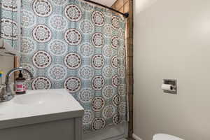 Bathroom with toilet, vanity, and shower / bath combo with shower curtain