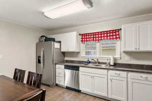 Kitchen featuring dark countertops, a sink, white cabinets, and stainless steel appliances