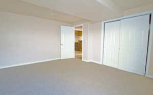 Large first basement bedroom with a closet and carpet flooring