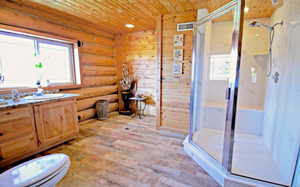 Bathroom featuring log walls, a stall shower, visible vents, wood ceiling, and wood pattern tile flooring