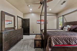 Carpeted bedroom featuring recessed lighting, a textured ceiling, visible vents, and lofted ceiling
