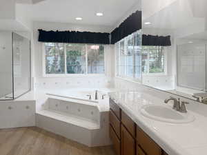 Full bath with a healthy amount of sunlight, a garden tub, and wood finished floors