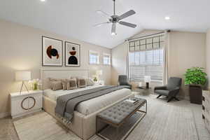 Carpeted bedroom featuring recessed lighting, vaulted ceiling, baseboards, and a ceiling fan