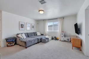 Living room with carpet, visible vents, and baseboards