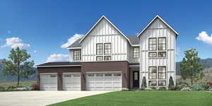 Modern farmhouse style home with board and batten siding, concrete driveway, an attached garage, and a front yard