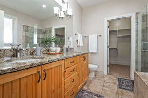 Primary bathroom, walk in closet, and double vanity