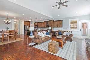 Family room featuring recessed lighting, ceiling fan with wood floors