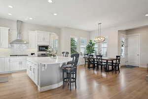 Kitchen with light wood-style floors, wall chimney exhaust hood, a kitchen bar, a center island, and decorative backsplash