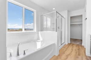 Full bath featuring a bath, a shower stall, a spacious closet, and wood finished floors