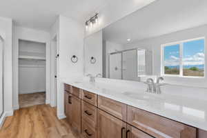 Bathroom featuring wood finished floors, a sink, a shower stall, and double vanity