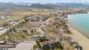 Bird's eye view featuring a water and mountain view