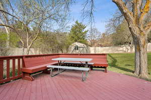 Deck featuring a fenced backyard, outdoor dining area, and a lawn