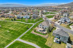 Drone / aerial view with a residential view and a mountain view