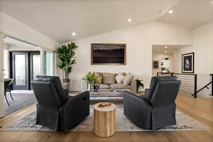 Living room vaulted ceiling, and recessed lighting