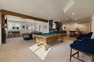Playroom featuring ornamental molding, beamed ceiling, recessed lighting, and pool table