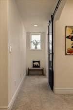 Hall featuring carpet floors, baseboards, arched walkways, and a textured ceiling