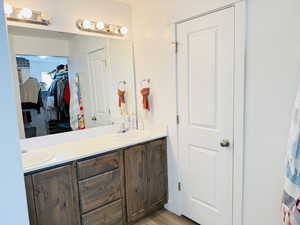 Bathroom with wood finished floors, double vanity, a sink, and a walk in closet
