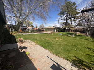 View of back yard and Oversized garage