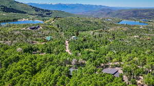 Bird's eye view of a heavily wooded area and a water and mountain view
