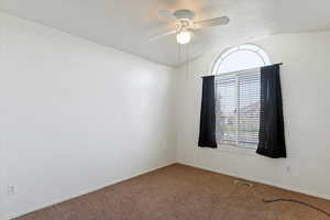 Carpeted empty room featuring a textured ceiling, ceiling fan, baseboards, and visible vents