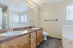 Bathroom featuring a stall shower, a garden tub, a sink, and visible vents