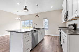 Kitchen with dark countertops, light wood finished floors, a sink, and appliances with stainless steel finishes