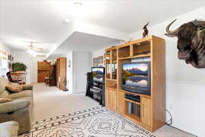 Spacious room featuring neutral carpeting, recessed lighting, and a built-in entertainment center with wood-finish cabinetry