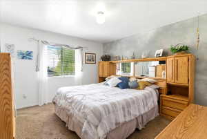 Carpeted bedroom featuring a large window with blinds, a prominent accent wall, and a built-in wood-finish headboard unit with integrated storage and mirrored panels